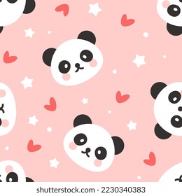 Cute kids pink seamless pattern design with panda face, red hearts and dots. Kawaii pajama print, fabric and textile. 