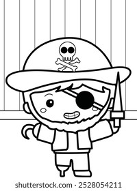 Cute Kids com Pirata Halloween Personagem Traje Símbolo Desenho Animado Atividade de Coloração para Crianças e Adultos