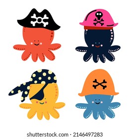 Cute kids pirate print. Hand-drawn funny vector clipart. Set of colorful cute octopuses in pirate hats. Decoration of celebrations, posters, invitations and children's textiles.