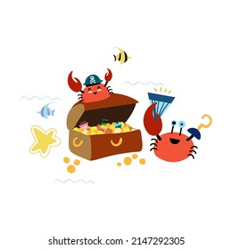 Cute kids pirate print. Hand-drawn funny vector clipart. Cute crabs pirates with treasure chest and diamonds. Underwater pirates. Decoration of celebrations, posters, invitations and children's print