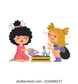 Cute kids plant flowers. Happy little girls planting tulips, watering it, friends take care about garden. Funny children,  cartoon character. Hand drawn flat vector illustration isolated on white. 