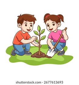Niedliche Kinder pflanzen einen Baum Vektorgrafik
