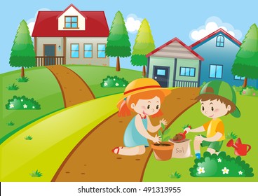 Cute kids planting trees illustration