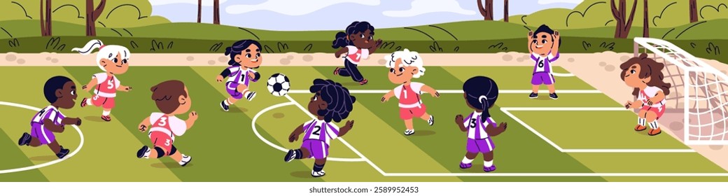 Cute kids play football on field. Happy children are on sport match, game. Opponent teams of soccer players contest, kick ball. Little athletes in uniform training at school. Flat vector illustration