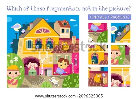 Cute kids play hide and seek. Find all fragments. Game for children. Cartoon character vector illustration.