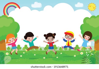 Cute Kids Playing At Abstract Nature, Happy Children Jumping And Dancing On The Park Or Playground Template For Advertising Brochure,your Text, Flat Funny Cartoon Character,design Vector Illustration
