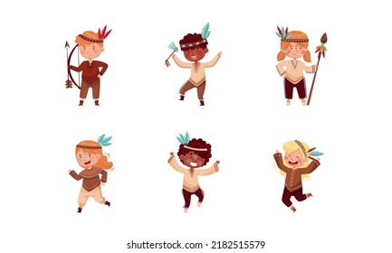 Cute kids playing American Indians set. Boys and girls dressed native costumes and feathered headdresses having fun cartoon vector illustration