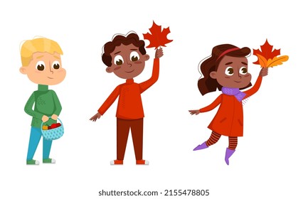 Cute kids playing with autumn leaves and picking apples cartoon vector illustration