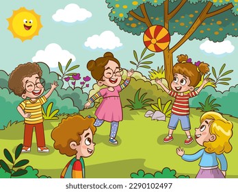 cute kids playing ball together park cartoon vector