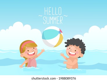 cute kids playing beach ball hello summer
