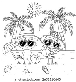 Cute Kids Playing with Beach Ball on Tropical Shore – Summer Vacation Coloring Page