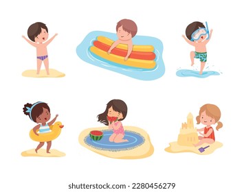 Cute kids playing at beach. Happy little boys anf girls playing at seaside, building sandcastle, diving and sunbathing cartoon vector illustration