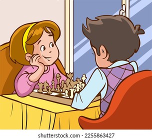 cute kids playing chess cartoon vector
