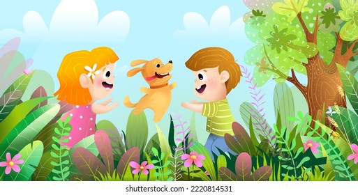 Cute kids playing with dog outdoor, in part or forest with tree and grass. Dog jumping with children friends having fun. Childhood with pet illustration for Kids.