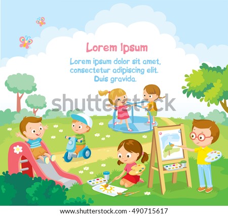 Cute kids  playing and drawing pictures outside