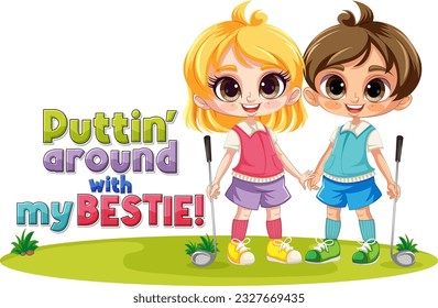 Cute kids playing golf in cartoon style illustration