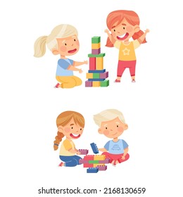 Cute kids playing in kindergarten set. Boy and girl building with toy blocks cartoon vector illustration