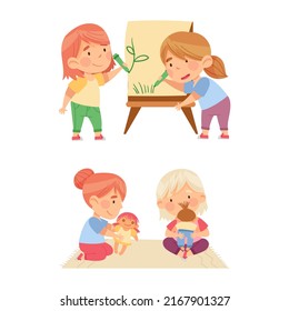 Cute kids playing and learning in kindergarten set. Children drawing and playing dolls cartoon vector illustration