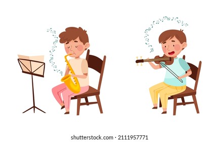 Cute kids playing music set. Boys performing melody on saxophone and violin vector illustration