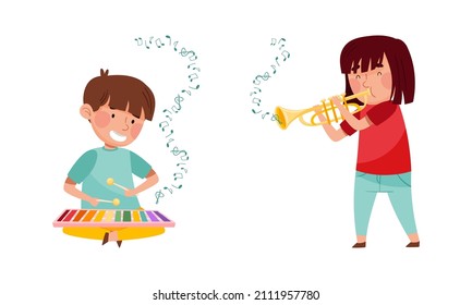 Cute kids playing music set.Boy and girl performing with xylophone and trumpet vector illustration
