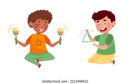 Cute kids playing music set. Boys performing with triangle and shaking maracas vector illustration