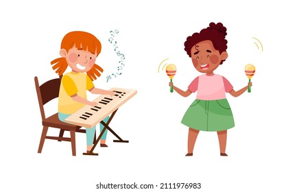 Cute kids playing music set. Girls performing melody on piano synthesizer and shaking maracas vector illustration