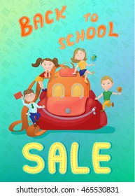 Cute kids playing on backpack. Back to school sale concept, banner, poster
