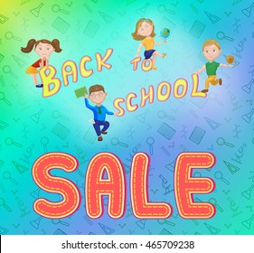 Cute kids playing on backpack. Back to school sale concept, banner, poster