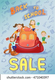 Cute kids playing on backpack. Back to school sale concept, banner, poster