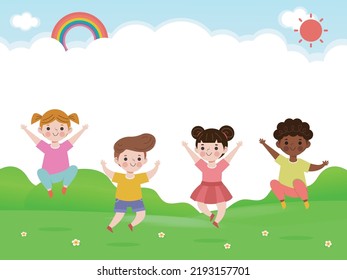 Cute kids Playing on the grass, Happy Children jumping and dancing on the park or playground Template for advertising brochure,your text, flat Funny cartoon character,design Vector Illustration
