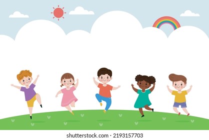 Cute kids Playing on the grass, Happy Children jumping and dancing on the park or playground Template for advertising brochure,your text, flat Funny cartoon character,design Vector Illustration