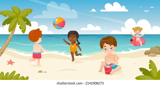 Cute kids playing on the sea coast. Adorable children on summer vacations. Toddlers on the beach.