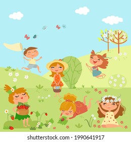 Niños guapos jugando afuera. Niños y niñas felices en verano. Niños de dibujos animados en la naturaleza con cuerda saltándose, cesta de berry, red para atrapar mariposa.  Ilustración vectorial, diseño plano