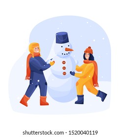 Cute kids playing outside in winter in warm clothes, little girl and boy  sculpting snowman in snowfall street. Cartoon illustration in flat vector style.