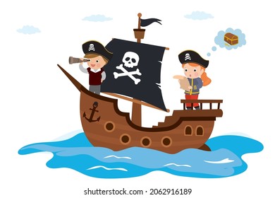 Niños guapos jugando piratas en el barco. Barco de corsario de madera en el mar. Divertidos niños marineros en velero. Aventuras marítimas. Búsqueda de tesoros. Diseño de dibujos animados aislados sobre fondo blanco. Ilustración vectorial plana