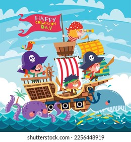 Cute kids playing pirates on ship. Wooden corsair ship at sea. Funny children sailors on sailboat. Sea adventures. Treasure hunt. Cartoon design isolated on white background. Flat vector illustration