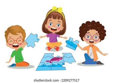 cute and kids playing puzzle