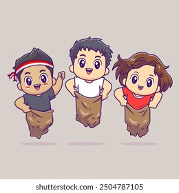 Cute Kids Playing Sack Race in Indonesia Independence Day Cartoon Vector Icon Illustration. People Holiday Icon Concept Isolated Premium Vector. Flat Cartoon Style