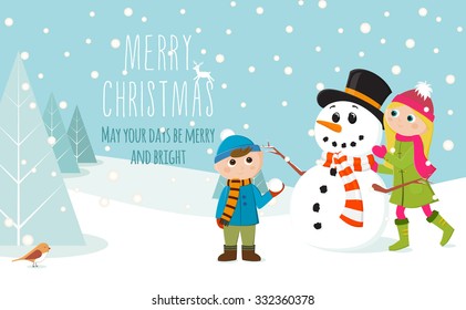 Cute kids playing with a snowman in a beautiful winter landscape in flat design in vector