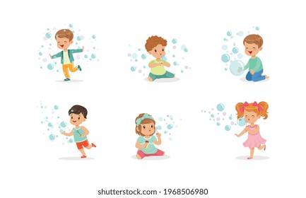 Cute Kids Playing Soap Bubbles Set, Adorable Boys and Girls Blowing Out Bubbles, Children Having Fun at Holiday or Birthday Party Cartoon Vector Illustration