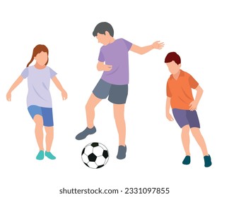 Cute kids playing soccer football together in the field