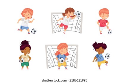 Cute kids playing soccer set. Boys and girls in sports uniform kicking ball, goalkeepers standing at gates vector illustration