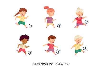 Cute kids playing soccer set. Boys and girls in sports uniform kicking ball vector illustration