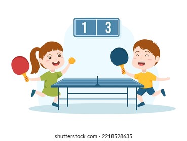 Cute Kids Playing Table Tennis Sports with Racket and Ball of Ping Pong Game Match in Flat Cartoon Hand Drawn Templates Illustration