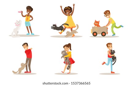Cute Kids Playing And Taking Care of Cats Set, Adorable Boys and Girls Having Fun with Their Pets Vector Illustration