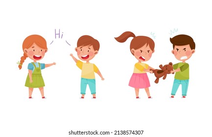Cute kids playing together set. Little children arguing over toy teddy bear and greeting each other cartoon vector illustration