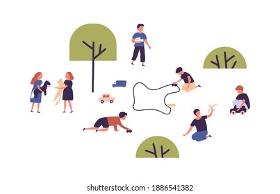 Cute kids playing with toys, car racing and pets at park or playground vector flat illustration. Group of children having fun together isolated on white. Happy boys and girls spending time outdoor