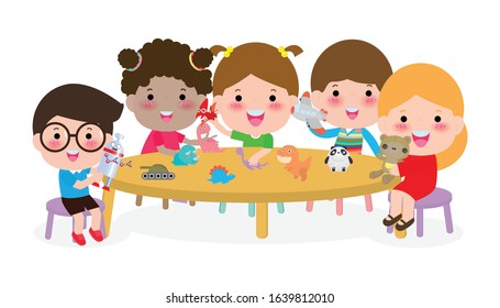 cute kids playing with toys, happy children's activity in the kindergarten Group of happy school child in classroom, education,Vector Illustration