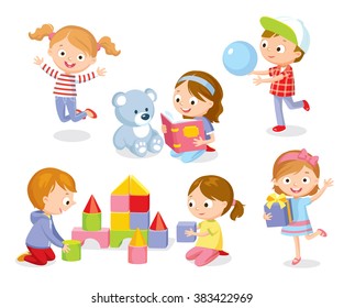 cute kids playing with toys, reading, jumping