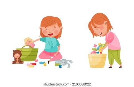 Cute kids playing with toys set. Little girls playing and putting toys in baskets cartoon vector illustration